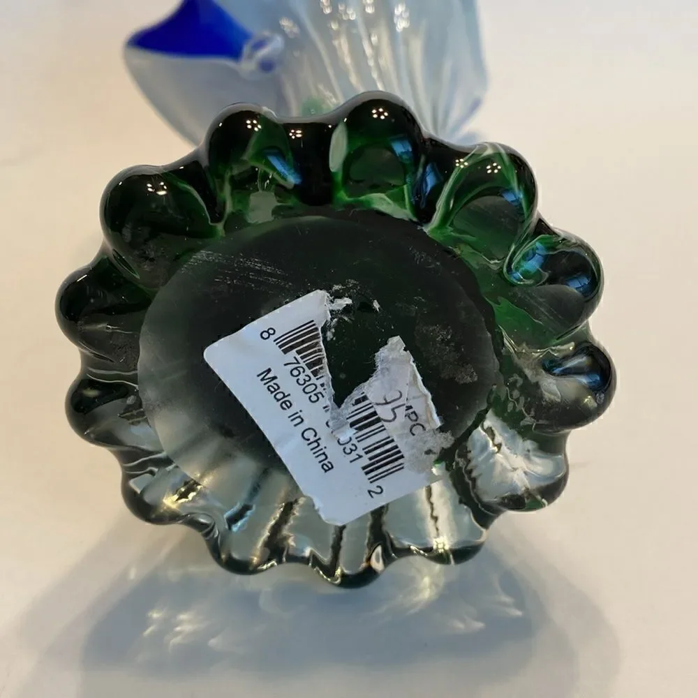Hand Blown Art Glass Swirled Vase 8” Blue White Green